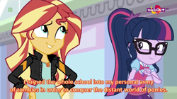 Size: 1366x765 | Tagged: safe, screencap, character:sunset shimmer, character:twilight sparkle, character:twilight sparkle (scitwi), species:eqg human, equestria girls:mirror magic, g4, my little pony:equestria girls, confession, geode of empathy, geode of telekinesis, glasses, magical geodes, subtitles, teletoon