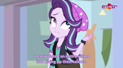 Size: 1366x766 | Tagged: safe, screencap, character:starlight glimmer, equestria girls:mirror magic, g4, my little pony:equestria girls, beanie, clock, clothing, confession, glasses, hat, solo, subtitles, teletoon, watch