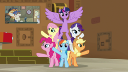 Size: 1920x1080 | Tagged: safe, screencap, character:applejack, character:dave the intern, character:fluttershy, character:pinkie pie, character:rainbow dash, character:rarity, character:twilight sparkle, character:twilight sparkle (alicorn), species:alicorn, species:earth pony, species:pegasus, species:pony, species:unicorn, episode:all bottled up, g4, my little pony: friendship is magic, best friends until the end of time, bipedal, escape room, ginger locks, mane six, manehattan escapes, pyramid