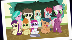 Size: 1920x1080 | Tagged: safe, screencap, character:aquamarine, character:boysenberry, character:cheerilee, character:first base, character:peach fuzz, character:super funk, character:train tracks, species:pony, episode:a flurry of emotions, g4, my little pony: friendship is magic, chalkboard, cough, female, filly, floppy ears, gallop j. fry, horsey hives, little red, one of these things is not like the others, photo, ponyville schoolhouse, school, sick