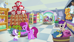 Size: 1920x1080 | Tagged: safe, screencap, character:berry punch, character:berryshine, character:princess flurry heart, character:spike, character:star swirl the bearded, character:twilight sparkle, character:twilight sparkle (alicorn), species:alicorn, species:chicken, species:dragon, species:pony, episode:a flurry of emotions, g4, my little pony: friendship is magic, 5-year-old, balloon, butterfly, castle, jackalope, manticore, monkey, parasprite, plum star, plushie, raccoon, shopping cart, store, titania, tortoise, toy, toy store, train, ursa minor, wagon