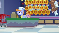 Size: 1920x1080 | Tagged: safe, screencap, species:earth pony, species:pony, episode:a flurry of emotions, g4, my little pony: friendship is magic, bored, cash register, cashier, clothing, female, hat, mare, parasprite, plushie, solo, toy store, unnamed pony