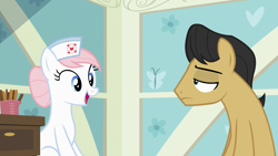 Size: 1920x1080 | Tagged: safe, screencap, character:cherry cola, character:nurse redheart, species:pony, episode:a flurry of emotions, g4, my little pony: friendship is magic, tongue depressor
