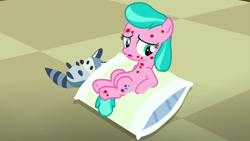 Size: 1920x1080 | Tagged: safe, screencap, character:aquamarine, species:pony, episode:a flurry of emotions, g4, my little pony: friendship is magic, horsey hives, pillow, plushie, raccoon, solo