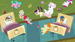 Size: 1920x1080 | Tagged: safe, screencap, character:aquamarine, character:boysenberry, character:first base, character:nurse redheart, character:peach fuzz, character:super funk, character:train tracks, species:pony, episode:a flurry of emotions, g4, my little pony: friendship is magic, gallop j. fry, horsey hives, levitation, little red, magic, ponyville hospital, telekinesis, zero gravity