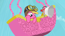 Size: 1280x720 | Tagged: safe, screencap, character:cherry berry, species:pony, episode:the mysterious mare do well, g4, my little pony: friendship is magic, falling, goggles, hot air balloon, looking down, megaphone, solo, twinkling balloon