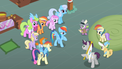 Size: 640x360 | Tagged: safe, screencap, character:alula, character:bon bon, character:daisy, character:dinky hooves, character:linky, character:noi, character:piña colada, character:pluto, character:rainbow dash, character:scootaloo, character:shoeshine, character:snips, character:spike, character:sweetie drops, character:written script, species:dragon, species:pegasus, species:pony, episode:the mysterious mare do well, g4, my little pony: friendship is magic, eye contact, flag, looking at each other, piña cutelada, rainbow dash fan, rainbow dash fanclub, sugarcube corner