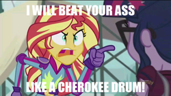 Size: 1280x720 | Tagged: safe, screencap, character:sunset shimmer, character:twilight sparkle, character:twilight sparkle (scitwi), species:eqg human, my little pony:equestria girls, angry, exploitable meme, fast and furious, image macro, meme, sunset yells at twilight, the fate of the furious, vulgar
