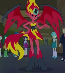 Size: 427x480 | Tagged: safe, screencap, character:sunset satan, character:sunset shimmer, character:velvet sky, equestria girls:equestria girls, g4, my little pony:equestria girls, boots, clothing, cropped, demon, door, fall formal outfits, glowing eyes, hallway, high heel boots, lockers, mind control, necktie, rose heart, shoes, sneakers, sunset satan, sweet leaf, teddy t. touchdown, tennis match, thunderbass, velvet sky