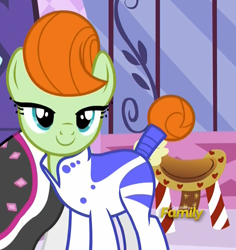 Size: 974x1030 | Tagged: safe, screencap, character:stella lashes, species:earth pony, species:pony, episode:honest apple, g4, my little pony: friendship is magic, background pony, carousel boutique, cropped, discovery family logo, female, lidded eyes, mare, saddle, tack