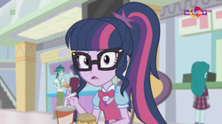Size: 1136x638 | Tagged: safe, screencap, character:captain planet, character:cold forecast, character:twilight sparkle, character:twilight sparkle (scitwi), species:eqg human, equestria girls:mirror magic, g4, my little pony:equestria girls, background human, bow tie, burger, canterlot mall, food, geode of telekinesis, glasses, hamburger, magical geodes, ponytail, soda, teletoon, worried