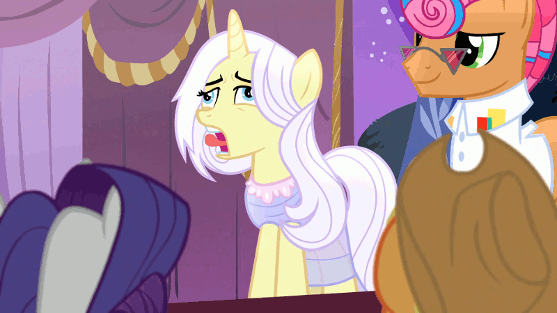 Size: 800x450 | Tagged: safe, screencap, character:applejack, character:lily lace, character:rarity, character:starstreak, species:pony, episode:honest apple, g4, my little pony: friendship is magic, animated, gif, invisible stallion, out of context, rerorero, song of my people, tongue out