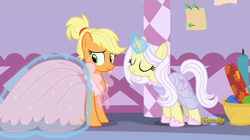 Size: 1366x766 | Tagged: safe, screencap, character:applejack, character:lily lace, species:pony, episode:honest apple, g4, my little pony: friendship is magic, alternate hairstyle, clothing, discovery family logo, dress, smiling, solo