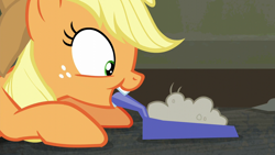 Size: 1280x720 | Tagged: safe, screencap, character:applejack, species:earth pony, species:pony, episode:the saddle row review, g4, my little pony: friendship is magic, cute, dustpan, female, freckles, looking down, mare, mouth hold, solo
