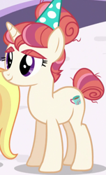 Size: 469x773 | Tagged: safe, screencap, character:honey lemon, character:morning roast, species:pony, species:unicorn, episode:amending fences, g4, my little pony: friendship is magic, bushy brows, clothing, cropped, female, hat, mare, offscreen character, party hat, thick eyebrows