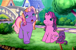 Size: 720x480 | Tagged: safe, screencap, character:sky wishes, character:twinkle twirl, species:pony, episode:dancing in the clouds, g3, bridge, bulrush, emoting, house, ponyville (g3), sitting, uncertain