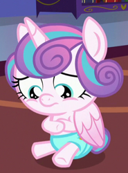 Size: 333x450 | Tagged: safe, screencap, character:princess flurry heart, species:pony, episode:a flurry of emotions, g4, my little pony: friendship is magic, belly rubbing, cloth diaper, cropped, diaper, hungry, sad, safety pin, solo