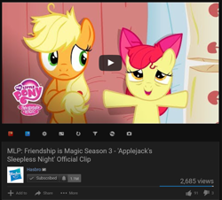 Size: 983x890 | Tagged: safe, screencap, character:apple bloom, character:applejack, species:earth pony, species:pony, episode:apple family reunion, g4, my little pony: friendship is magic, bed, duo, female, filly, hasbro, mare, on back, out of context, pillow, thumbnail, youtube, youtube link