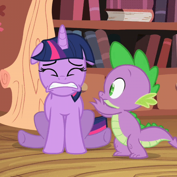 Size: 600x600 | Tagged: safe, screencap, character:spike, character:twilight sparkle, episode:lesson zero, g4, my little pony: friendship is magic, animated, cropped, duo, fear, loop, push, shove, shuddering