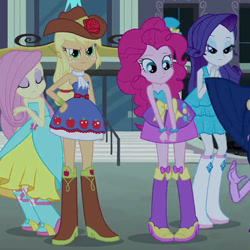Size: 500x500 | Tagged: safe, screencap, character:applejack, character:fluttershy, character:pinkie pie, character:rarity, equestria girls:equestria girls, g4, my little pony:equestria girls, bare shoulders, boots, bracelet, clothing, cowboy boots, cowboy hat, cropped, eyes closed, fall formal outfits, female, hat, high heel boots, jewelry, lidded eyes, looking at you, scarf, sleeveless, stairs, strapless, top hat