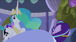 Size: 1920x1080 | Tagged: safe, screencap, character:princess celestia, character:starlight glimmer, species:pony, episode:a royal problem, g4, my little pony: friendship is magic, bed, discovery family logo, nervous, sleeping, swapped cutie marks