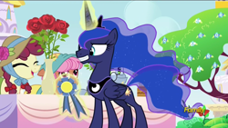 Size: 1920x1080 | Tagged: safe, screencap, character:hilly hooffield, character:princess luna, species:pony, episode:a royal problem, g4, my little pony: friendship is magic, discovery family logo, flower, hooffield family, rose, smiling, swapped cutie marks