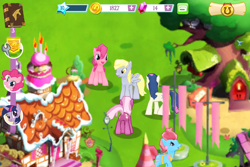 Size: 960x640 | Tagged: safe, gameloft, screencap, character:bon bon, character:cup cake, character:derpy hooves, character:pinkie pie, character:sweetie drops, species:earth pony, species:pegasus, species:pony, female, game screencap, mare, sugarcube corner