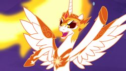 Size: 1920x1080 | Tagged: safe, screencap, character:daybreaker, character:princess celestia, species:alicorn, species:pony, episode:a royal problem, g4, my little pony: friendship is magic, armor, fire, happy, it happened, mane of fire, smiling, solo