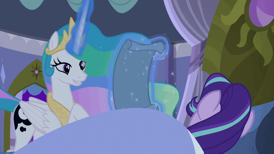 Size: 922x518 | Tagged: safe, screencap, character:princess celestia, character:starlight glimmer, species:alicorn, species:pony, species:unicorn, episode:a royal problem, g4, my little pony: friendship is magic, animated, female, gif, glowing horn, levitation, magic, magic aura, mare, scroll, sleeping, swapped cutie marks, telekinesis
