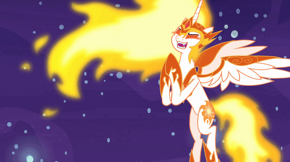 Size: 922x518 | Tagged: safe, screencap, character:daybreaker, character:princess celestia, species:pony, episode:a royal problem, g4, my little pony: friendship is magic, animated, clapping, cute, diabreaker, evil, eyes closed, gif, happy, mane of fire, night, open mouth, pure unfiltered evil, smiling, solo, spread wings, stars, wings