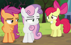 Size: 1024x650 | Tagged: safe, screencap, character:apple bloom, character:scootaloo, character:sweetie belle, species:pegasus, species:pony, episode:brotherhooves social, g4, my little pony: friendship is magic, cutie mark crusaders, grin, nervous, nervous grin, smiling, unamused