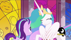 Size: 1280x720 | Tagged: safe, screencap, character:princess celestia, character:starlight glimmer, species:alicorn, species:pony, species:unicorn, episode:a royal problem, g4, my little pony: friendship is magic, cute, cutelestia, discovery family logo, eyes closed, female, happy, hug, jewelry, lip bite, mare, peytral, regalia, rejuvenation, self-hugging, smiling, swapped cutie marks, winghug