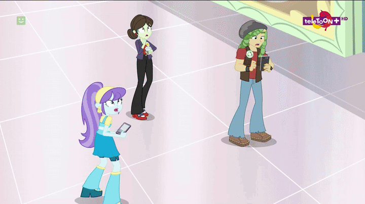 Size: 720x404 | Tagged: safe, screencap, character:aqua blossom, character:juniper monstar, character:juniper montage, character:sandalwood, character:sophisticata, equestria girls:mirror magic, g4, my little pony:equestria girls, animated, background human, boots, camera, cellphone, clothing, female, food, giantess, gif, hallucination, ice cream, juniper monstar, leafy mint, macro, male, microphone, mint chip, phone, shoes, skirt, smartphone, sophisticata, teletoon