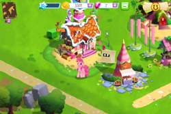 Size: 960x640 | Tagged: safe, gameloft, screencap, character:derpy hooves, character:pinkie pie, species:pegasus, species:pony, box, cardboard box, female, golden oaks library, mare, pony in a box, sugarcube corner