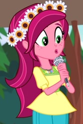 Size: 411x617 | Tagged: safe, screencap, character:gloriosa daisy, equestria girls:legend of everfree, g4, my little pony:equestria girls, cropped, cute, daisybetes, microphone, ooh, oooooh, solo
