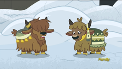 Size: 1920x1080 | Tagged: safe, screencap, species:pony, species:yak, episode:not asking for trouble, g4, my little pony: friendship is magic, calf, cloven hooves, discovery family logo, duo, female, horn ring, male, snow, yak calf, yakyakistan