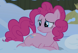 Size: 1401x946 | Tagged: safe, screencap, character:pinkie pie, species:earth pony, species:pony, episode:not asking for trouble, g4, my little pony: friendship is magic, female, mare, night, prone, sad, snow, solo, yakyakistan