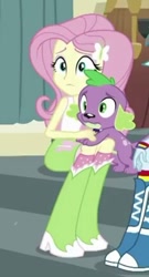 Size: 234x432 | Tagged: safe, screencap, character:fluttershy, character:spike, character:spike (dog), species:dog, equestria girls:dance magic, g4, my little pony:equestria girls, boots, clothing, female, offscreen character, puppy, skirt, socks, striped socks