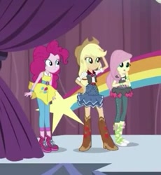 Size: 333x362 | Tagged: safe, screencap, character:applejack, character:fluttershy, character:pinkie pie, equestria girls:dance magic, g4, my little pony:equestria girls, boots, clothing, cowboy hat, cropped, denim skirt, female, hat, pants, shoes, skirt, stars, trio, tutu