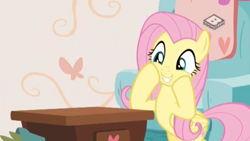 Size: 2560x1440 | Tagged: safe, screencap, character:fluttershy, species:pegasus, species:pony, episode:discordant harmony, g4, my little pony: friendship is magic, bipedal, boomerang (tv channel), cute, excited, female, hooves on cheeks, mare, shyabetes, smiling, solo