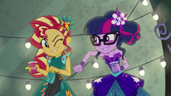 Size: 1280x720 | Tagged: safe, screencap, character:sunset shimmer, character:twilight sparkle, character:twilight sparkle (scitwi), species:eqg human, equestria girls:legend of everfree, g4, my little pony:equestria girls, bare shoulders, blushing, clothing, dress, duo, female, glasses, high heels, one eye closed, playful, punch, punchies, shoes, sleeveless, strapless