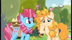 Size: 2560x1440 | Tagged: safe, screencap, character:cup cake, character:pear butter, species:earth pony, species:pony, episode:the perfect pear, g4, my little pony: friendship is magic, cake, chiffon swirl, duo, female, flower, flower in hair, food, heart, lidded eyes, mare, pear cake, pear tree, wavy mouth, younger