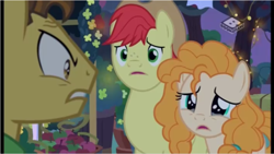 Size: 961x542 | Tagged: safe, screencap, character:bright mac, character:grand pear, character:pear butter, species:pony, ship:brightbutter, episode:the perfect pear, g4, my little pony: friendship is magic, crying, female, male, shipping, straight