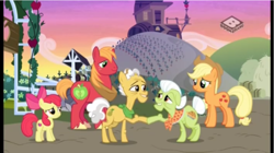 Size: 961x539 | Tagged: safe, screencap, character:apple bloom, character:applejack, character:big mcintosh, character:grand pear, character:granny smith, species:pony, episode:the perfect pear, g4, my little pony: friendship is magic, forgiveness
