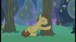 Size: 2560x1440 | Tagged: safe, screencap, character:grand pear, species:earth pony, species:pony, episode:the perfect pear, g4, my little pony: friendship is magic, eyes closed, hug, male, pear orchard, pear tree, solo, stallion, tree, younger