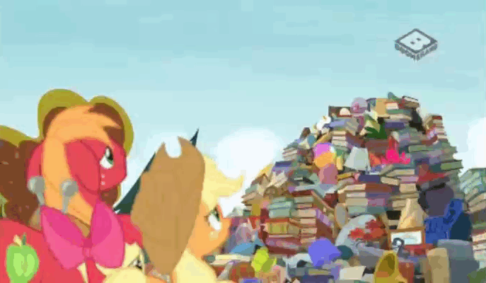 Size: 687x400 | Tagged: safe, screencap, character:apple bloom, character:applejack, character:big mcintosh, character:goldie delicious, species:earth pony, species:pony, episode:the perfect pear, g4, my little pony: friendship is magic, animated, apple siblings, book, cat, cat ball, crazy cat lady, dramatic entrance, female, filly, foam finger, gif, goldie delicious' cats, male, mare, pile, stallion, too many cats