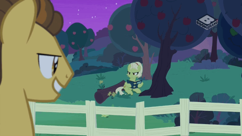 Size: 809x455 | Tagged: safe, screencap, character:grand pear, character:granny smith, species:pony, episode:the perfect pear, g4, my little pony: friendship is magic, angry, animated, apple tree, book, boomerang (tv channel), gif, grin, orchard, smiling, tree, younger