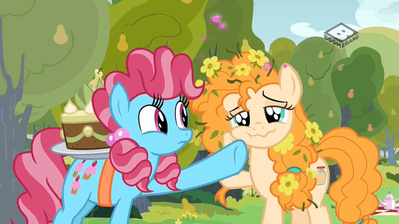 Size: 809x455 | Tagged: safe, screencap, character:cup cake, character:pear butter, species:pony, episode:the perfect pear, g4, my little pony: friendship is magic, animated, boomerang (tv channel), cake, chiffon swirl, cute, food, gif, heart, pear tree, pearabetes, waving, wavy mouth