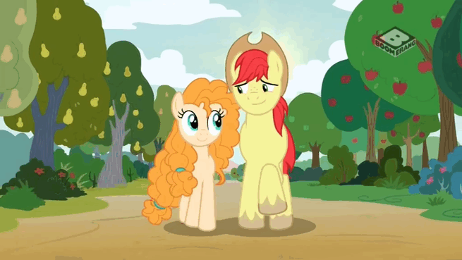 Size: 655x369 | Tagged: safe, screencap, character:bright mac, character:pear butter, species:pony, ship:brightbutter, episode:the perfect pear, g4, my little pony: friendship is magic, animated, apple tree, autumn, blushing, boomerang (tv channel), clothing, female, four seasons, gif, male, pear tree, scarf, seasons, shared scarf, shipping, spring, straight, summer, time lapse, tree, winter