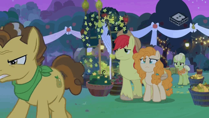 Size: 809x455 | Tagged: safe, screencap, character:bright mac, character:grand pear, character:granny smith, character:pear butter, species:pony, ship:brightbutter, episode:the perfect pear, g4, my little pony: friendship is magic, animated, boomerang (tv channel), comforting, female, gif, husband and wife, male, mother and child, mother and daughter-in-law, mother and son, sad, shipping, straight
